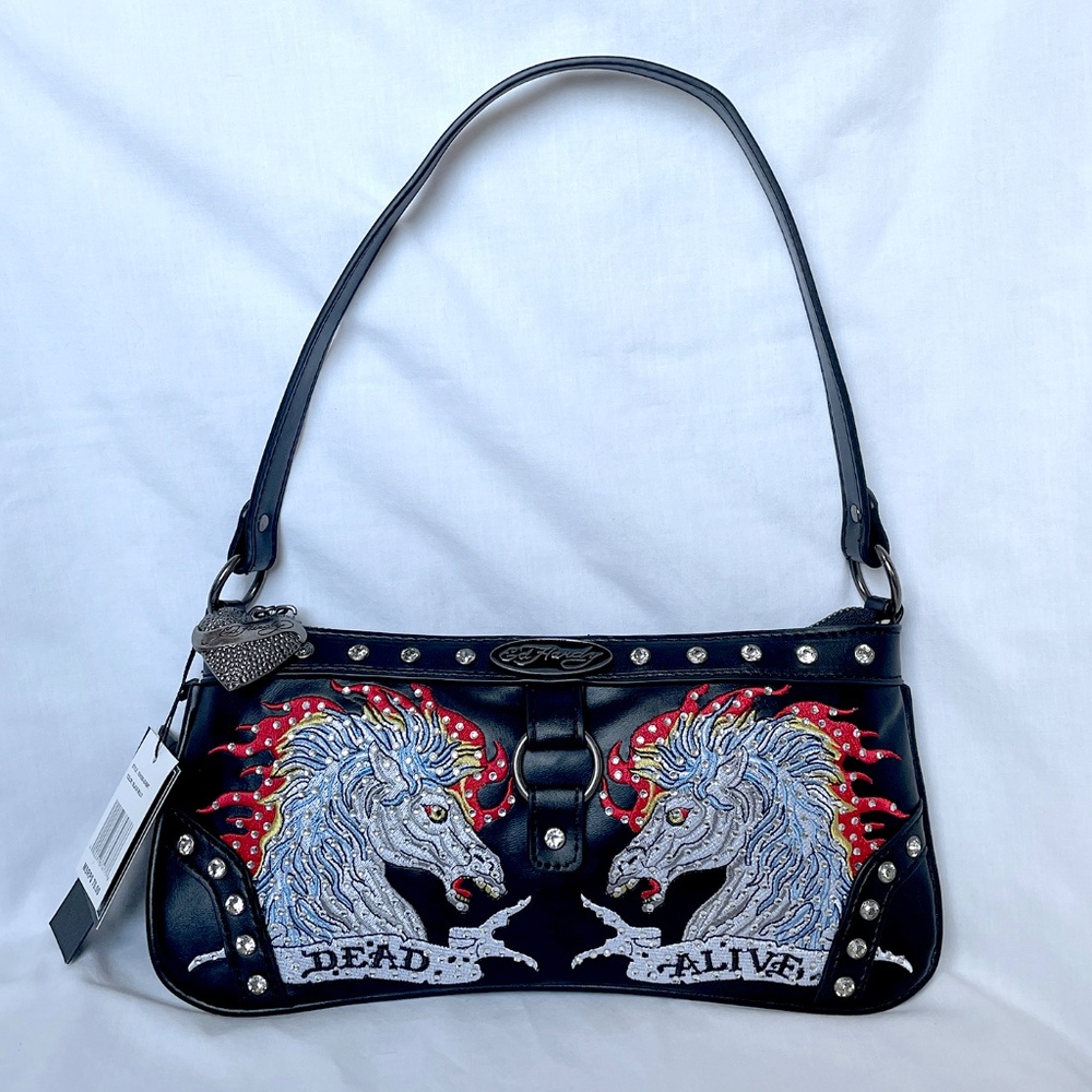 Ed Hardy Black Shoulder Bag Studded Horse Embroidered NEW
